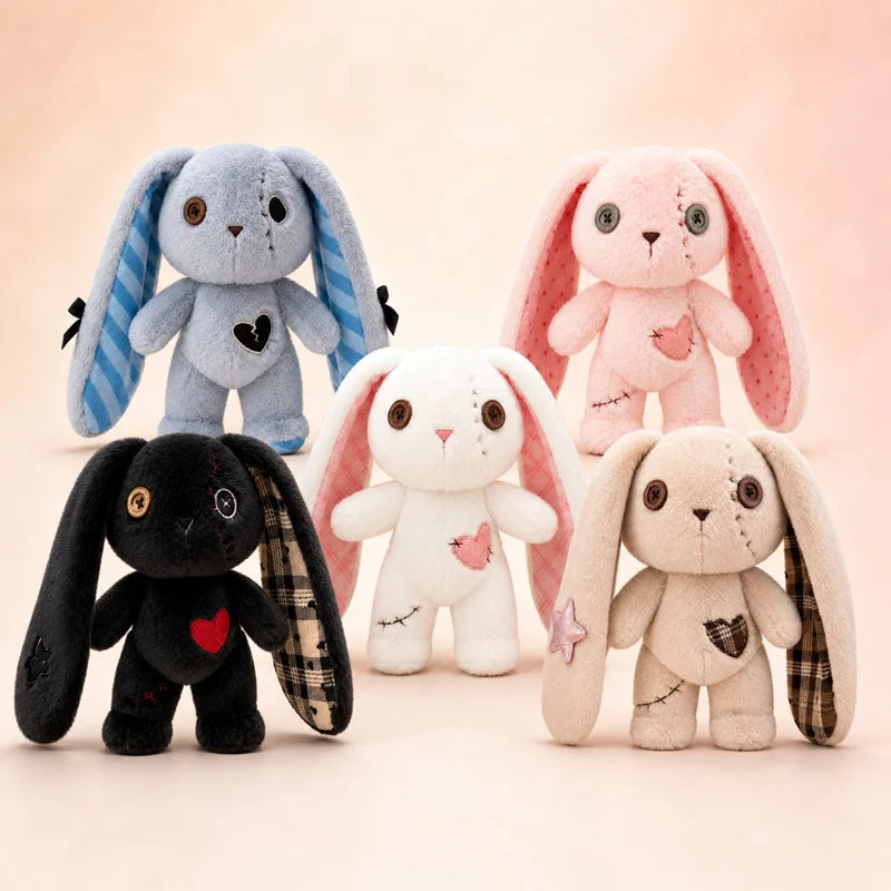 Halloween Spooky Bunny Plush Toy Funny Horror Series Stuffed Rabbit Doll with Patches & Button Eyes Creepy Cute Plushie